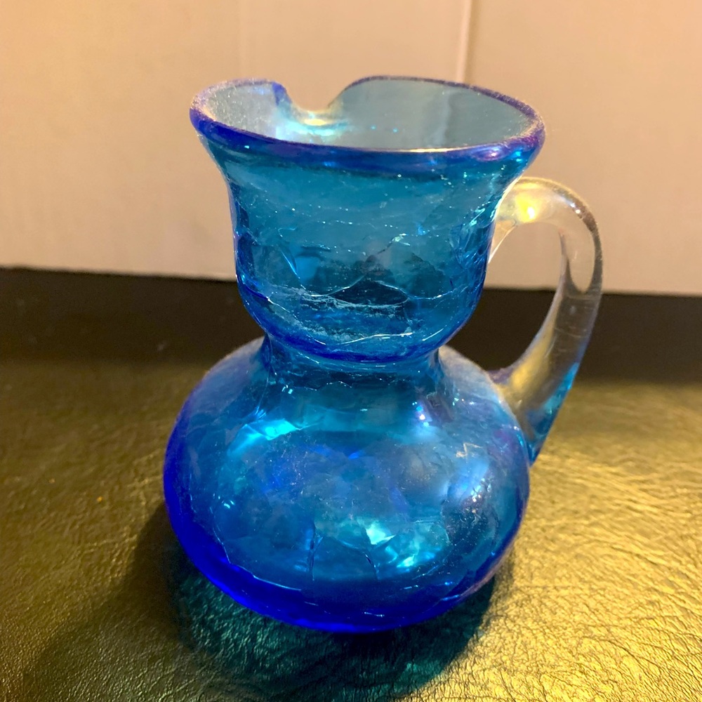 Vintage Small Blue Crackle Glass Pitcher with Clear Handle